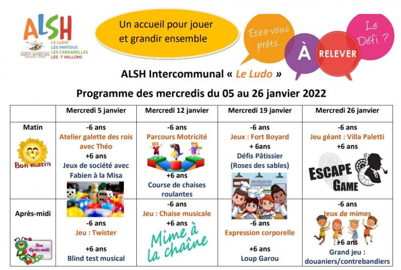 ALSH Le Ludo : programme des mercredis de janvier et février 2022